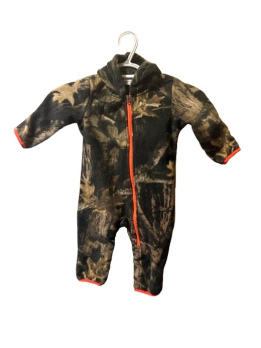 Columbia Camo Fleece One‑Piece with Orange Trim – Size M (6–12 Months)